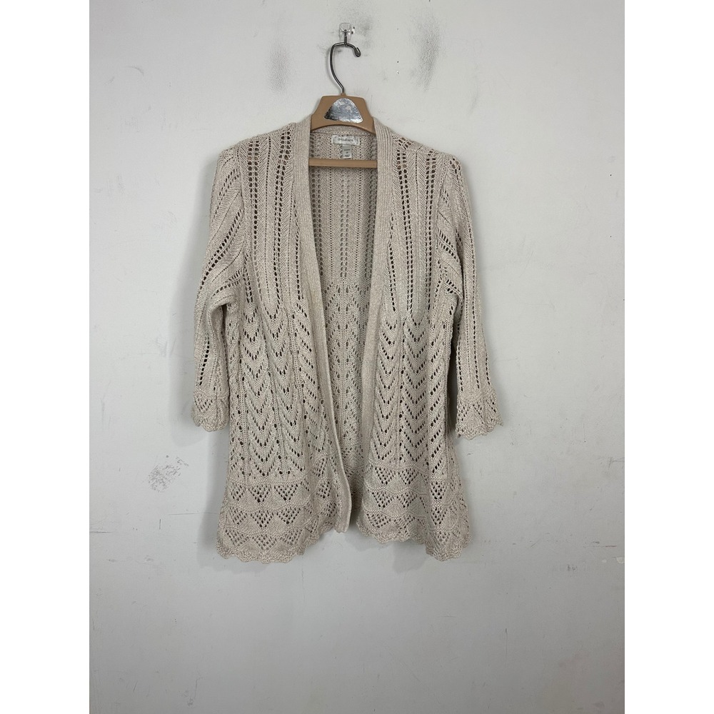 Dressbarn Womens 2X Beige Pointelle Open Front Cardigan Scalloped 3/4 Sleeve